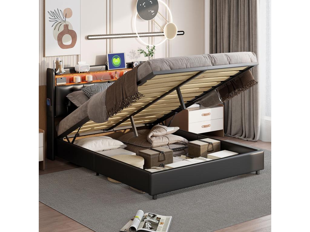 Storage Bed - Black, 160 x 200 cm