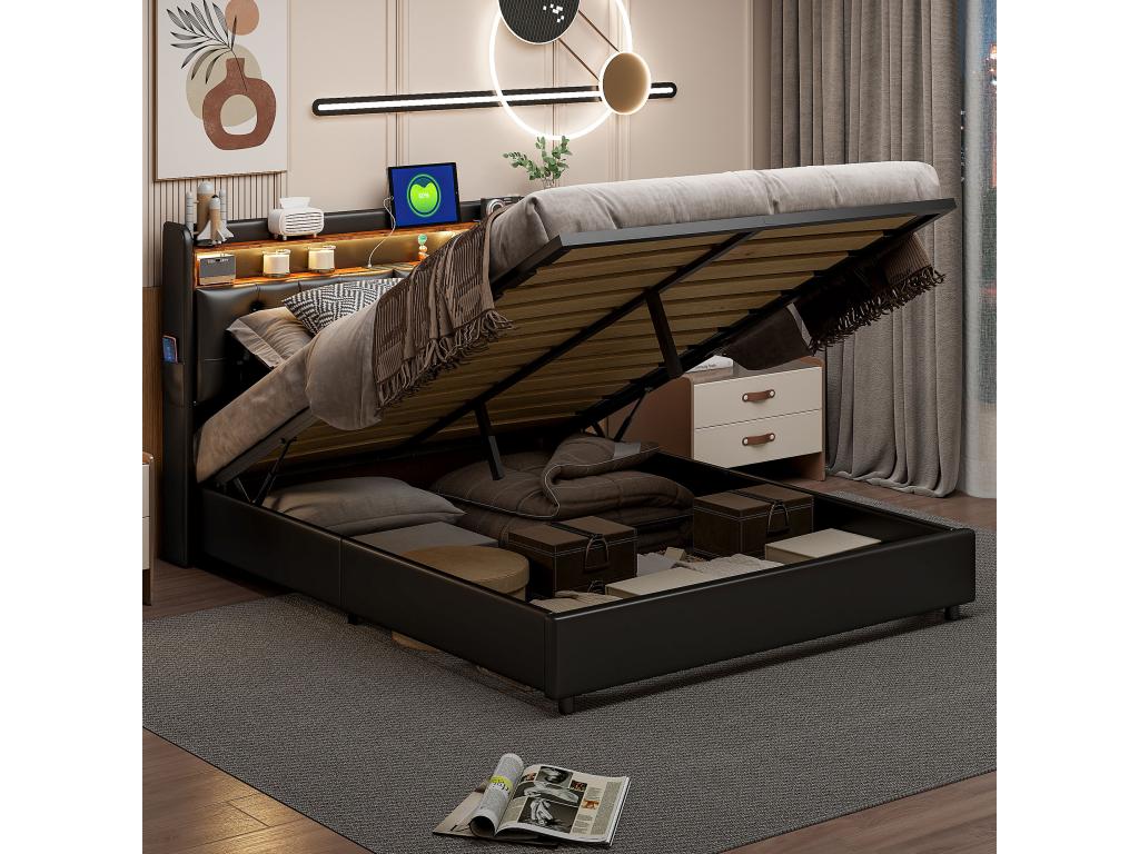 Storage Bed - Black, 160 x 200 cm